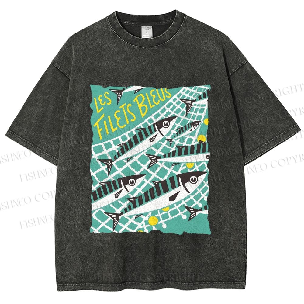 Unisex Sardine Fish in Net Printed Washed Tee