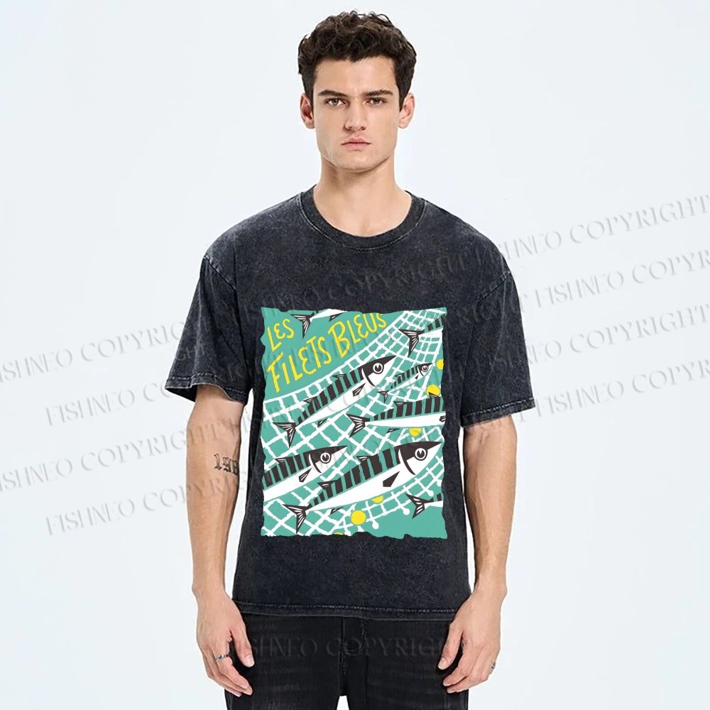 Unisex Sardine Fish in Net Printed Washed Tee
