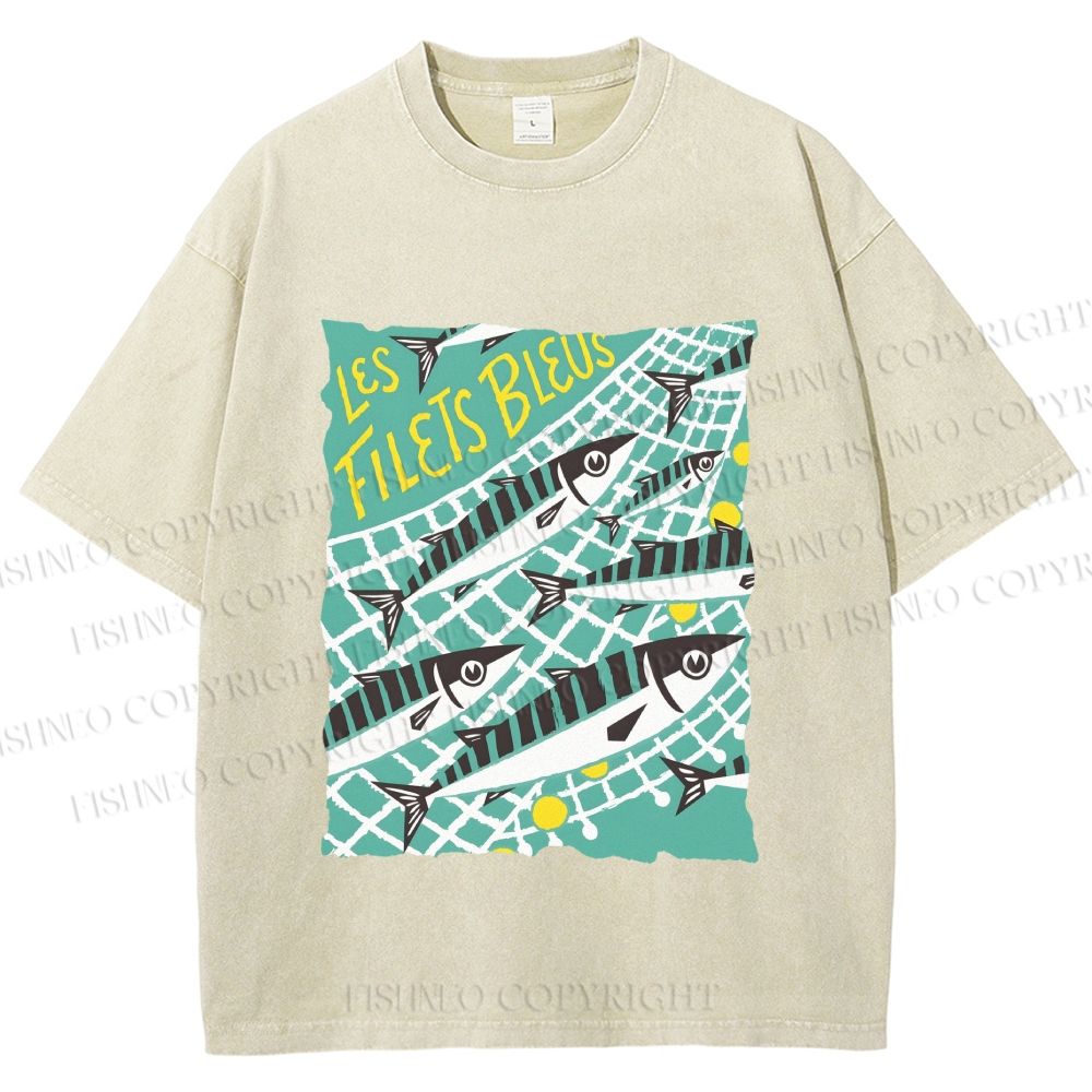 Unisex Sardine Fish in Net Printed Washed Tee