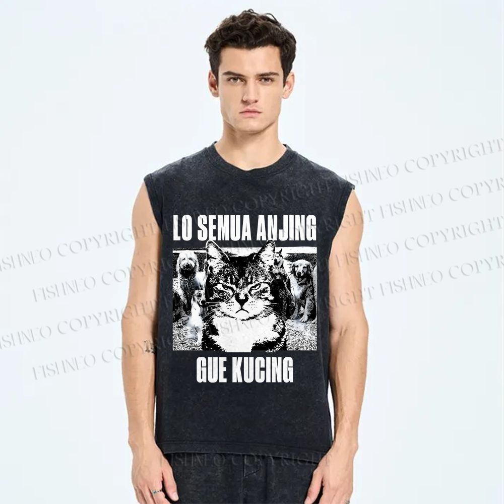 Unisex Cat And Dogs Printed Washed Tank Top