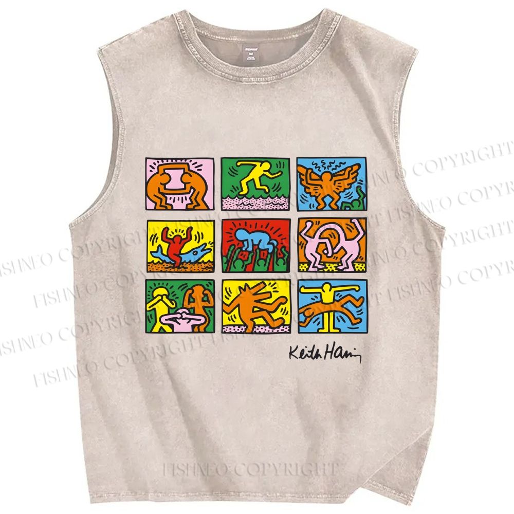 Unisex Keith Haring Pop Shop Puzzle Printed Washed Tank Top