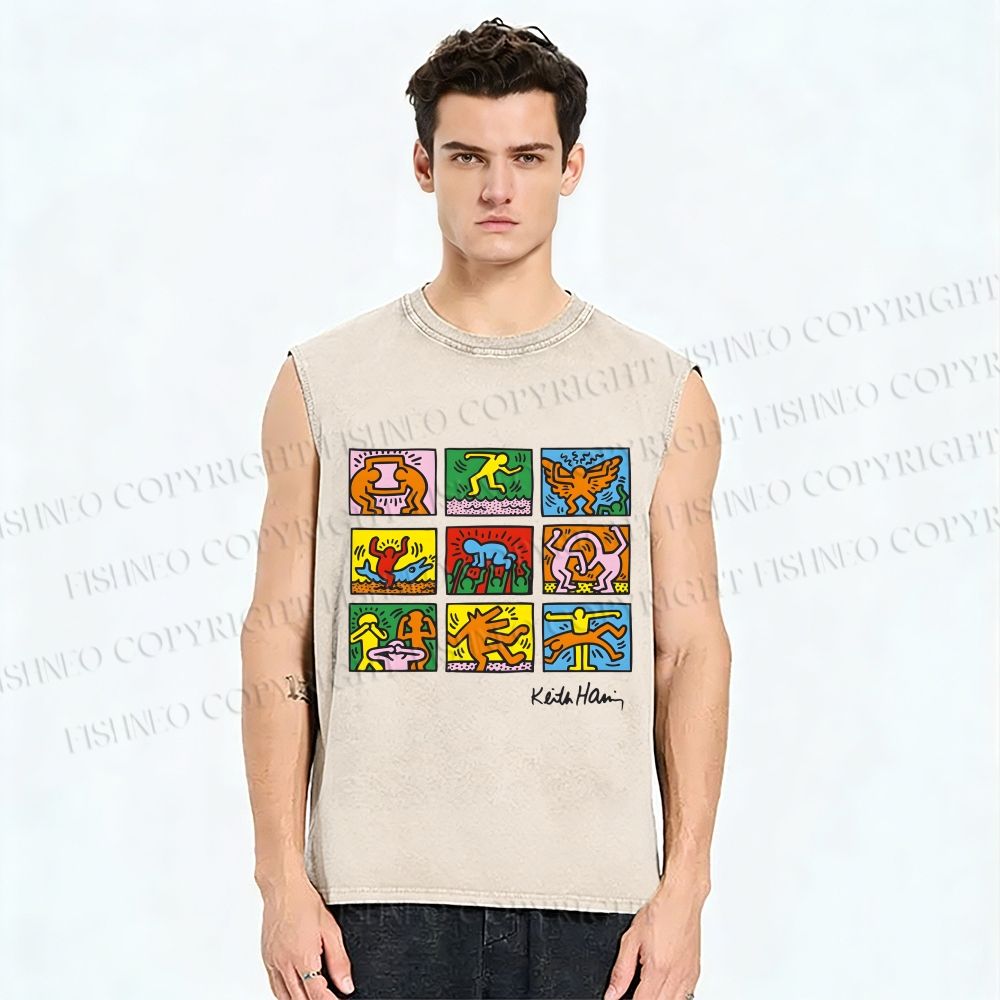 Unisex Keith Haring Pop Shop Puzzle Printed Washed Tank Top