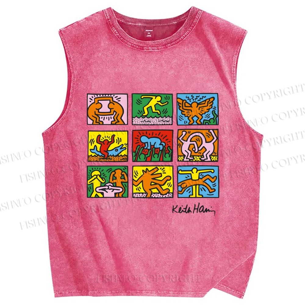 Unisex Keith Haring Pop Shop Puzzle Printed Washed Tank Top