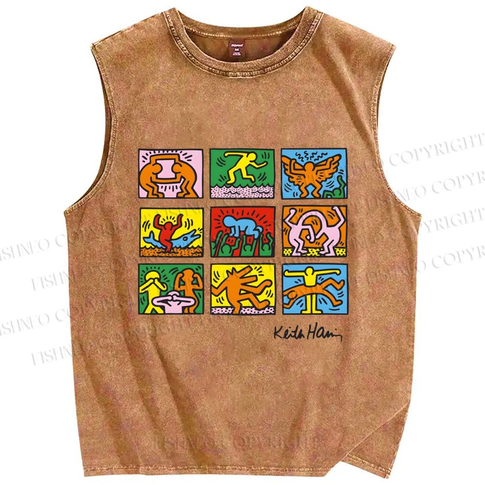 Unisex Keith Haring Pop Shop Puzzle Printed Washed Tank Top