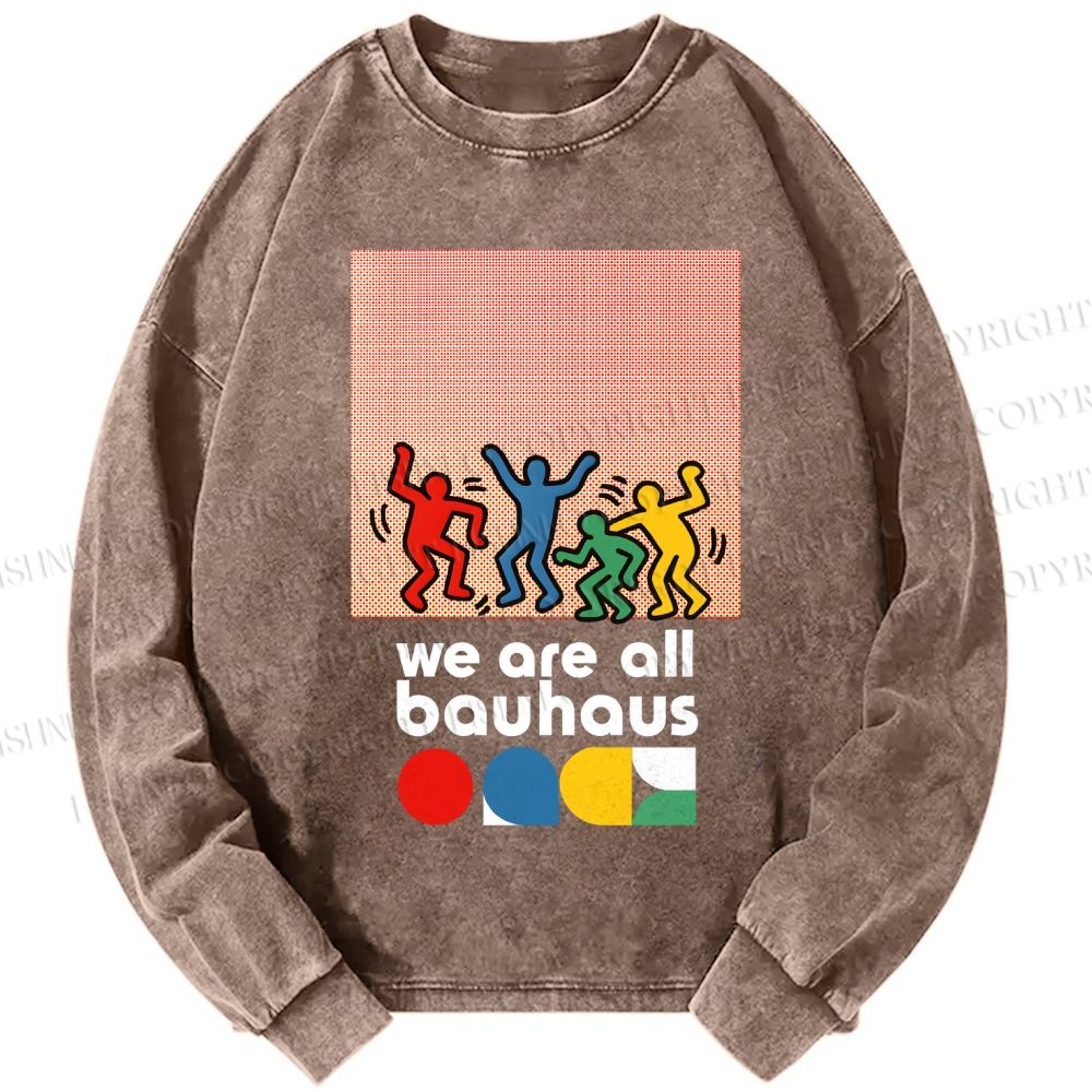 Unisex Casual Washed Bauhaus Keith Haring Figures Printed Long Sleeve T-shirt