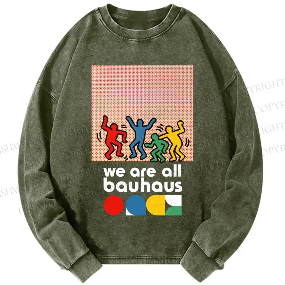 Unisex Casual Washed Bauhaus Keith Haring Figures Printed Long Sleeve T-shirt