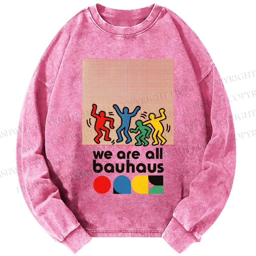 Unisex Casual Washed Bauhaus Keith Haring Figures Printed Long Sleeve T-shirt