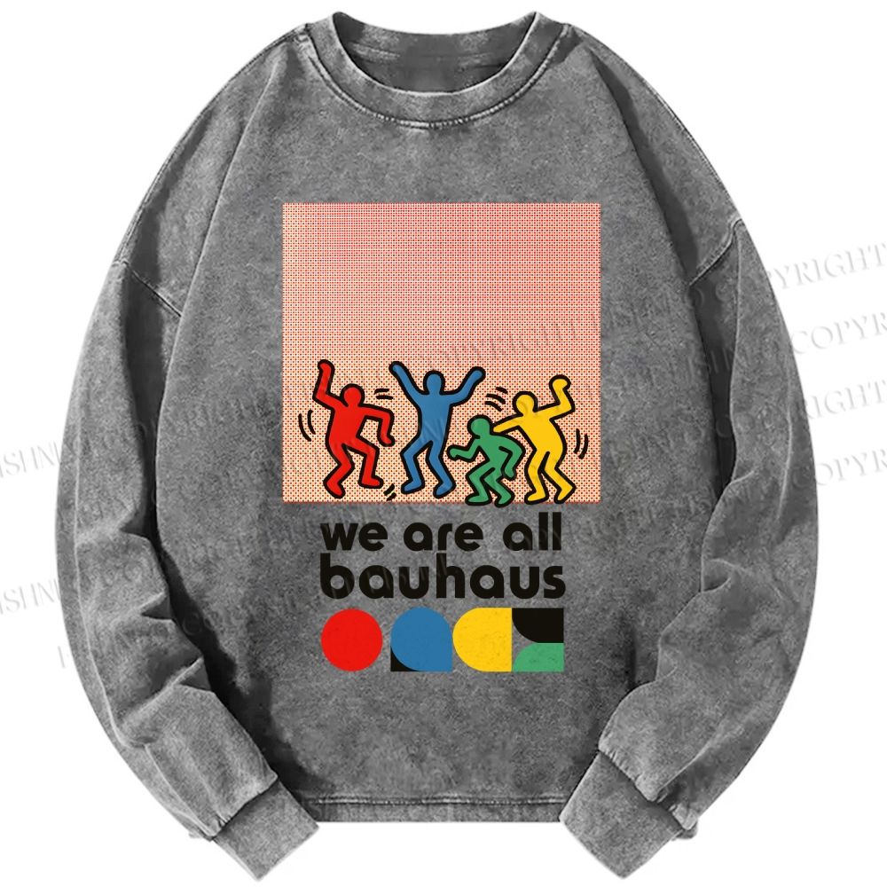 Unisex Casual Washed Bauhaus Keith Haring Figures Printed Long Sleeve T-shirt