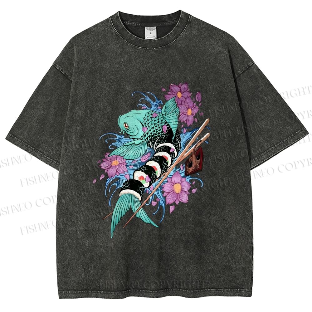 Unisex Japanese Ukiyo-e Sushi Fish Printed Washed Tee