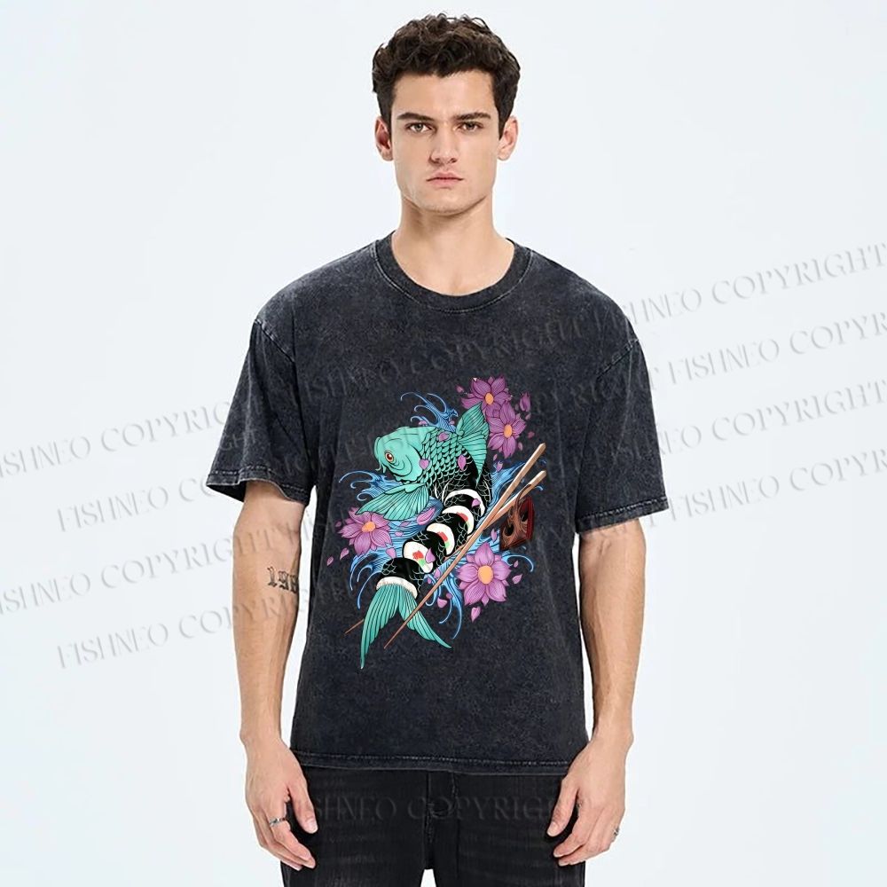 Unisex Japanese Ukiyo-e Sushi Fish Printed Washed Tee