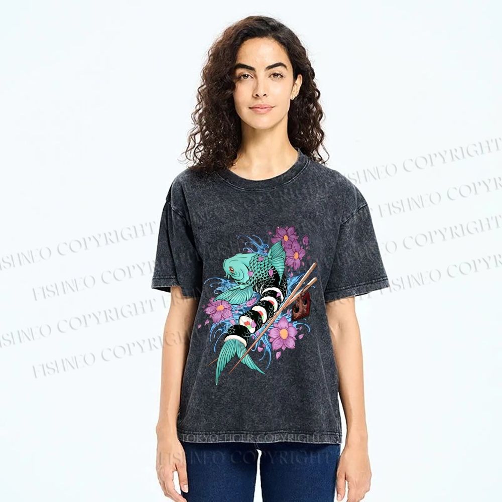 Unisex Japanese Ukiyo-e Sushi Fish Printed Washed Tee