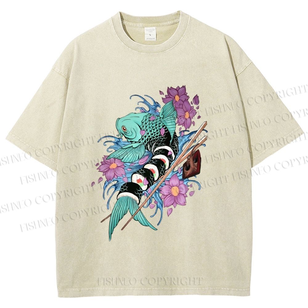 Unisex Japanese Ukiyo-e Sushi Fish Printed Washed Tee