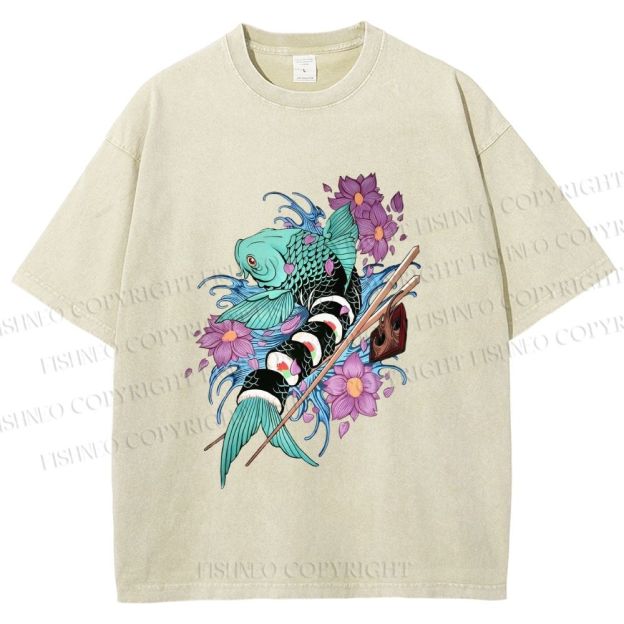 Unisex Japanese Ukiyo-e Sushi Fish Printed Washed Tee