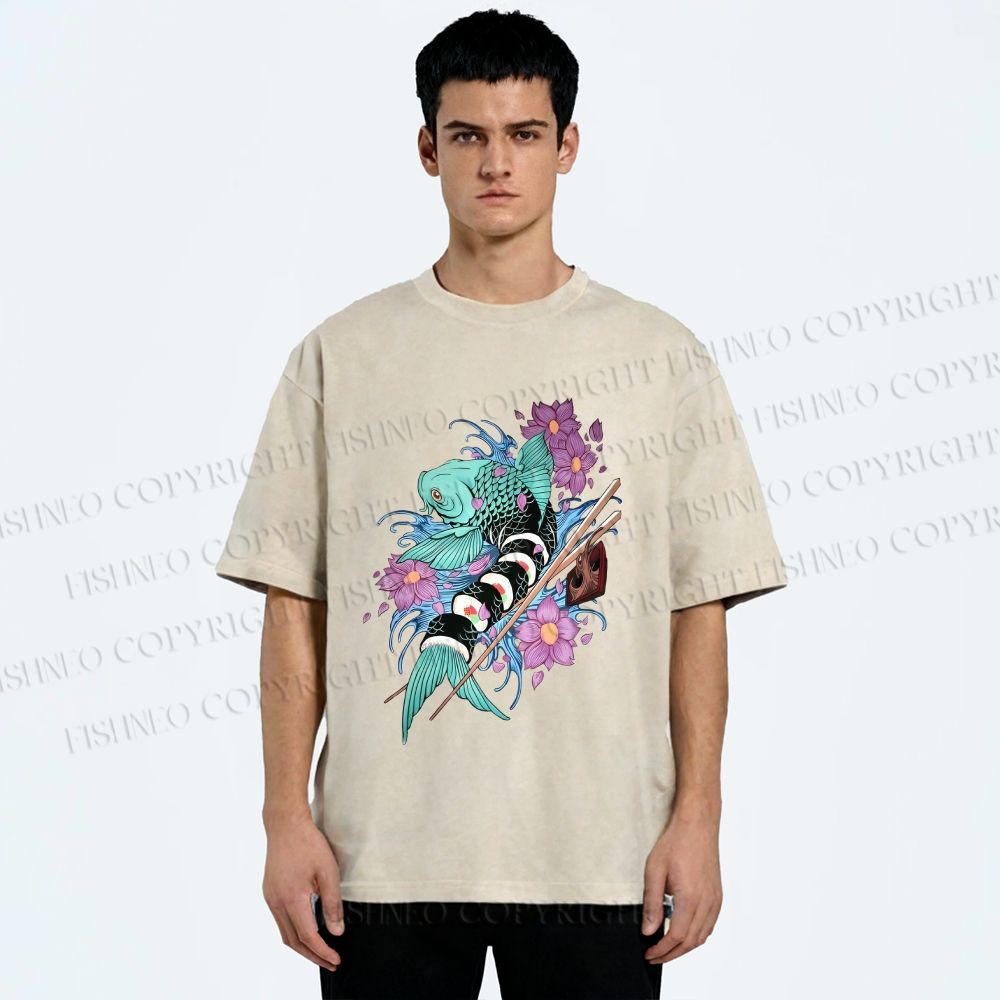Unisex Japanese Ukiyo-e Sushi Fish Printed Washed Tee