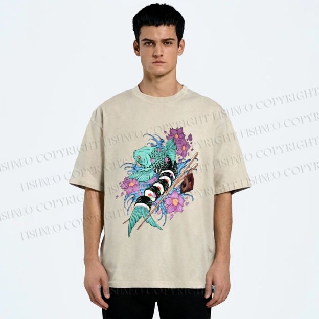 Unisex Japanese Ukiyo-e Sushi Fish Printed Washed Tee