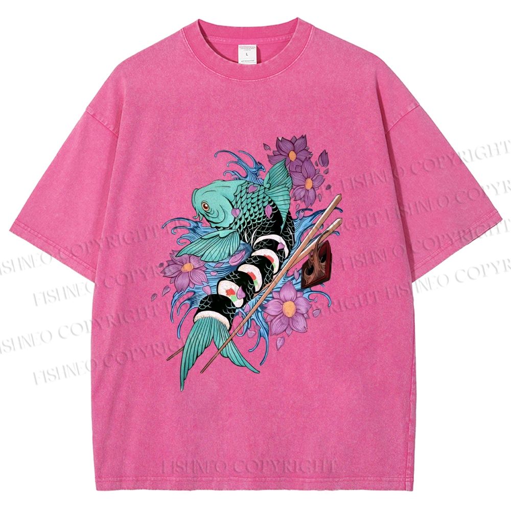 Unisex Japanese Ukiyo-e Sushi Fish Printed Washed Tee