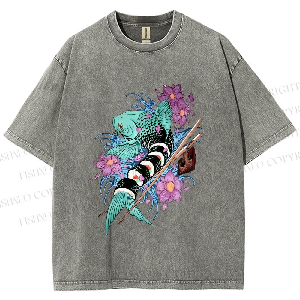 Unisex Japanese Ukiyo-e Sushi Fish Printed Washed Tee