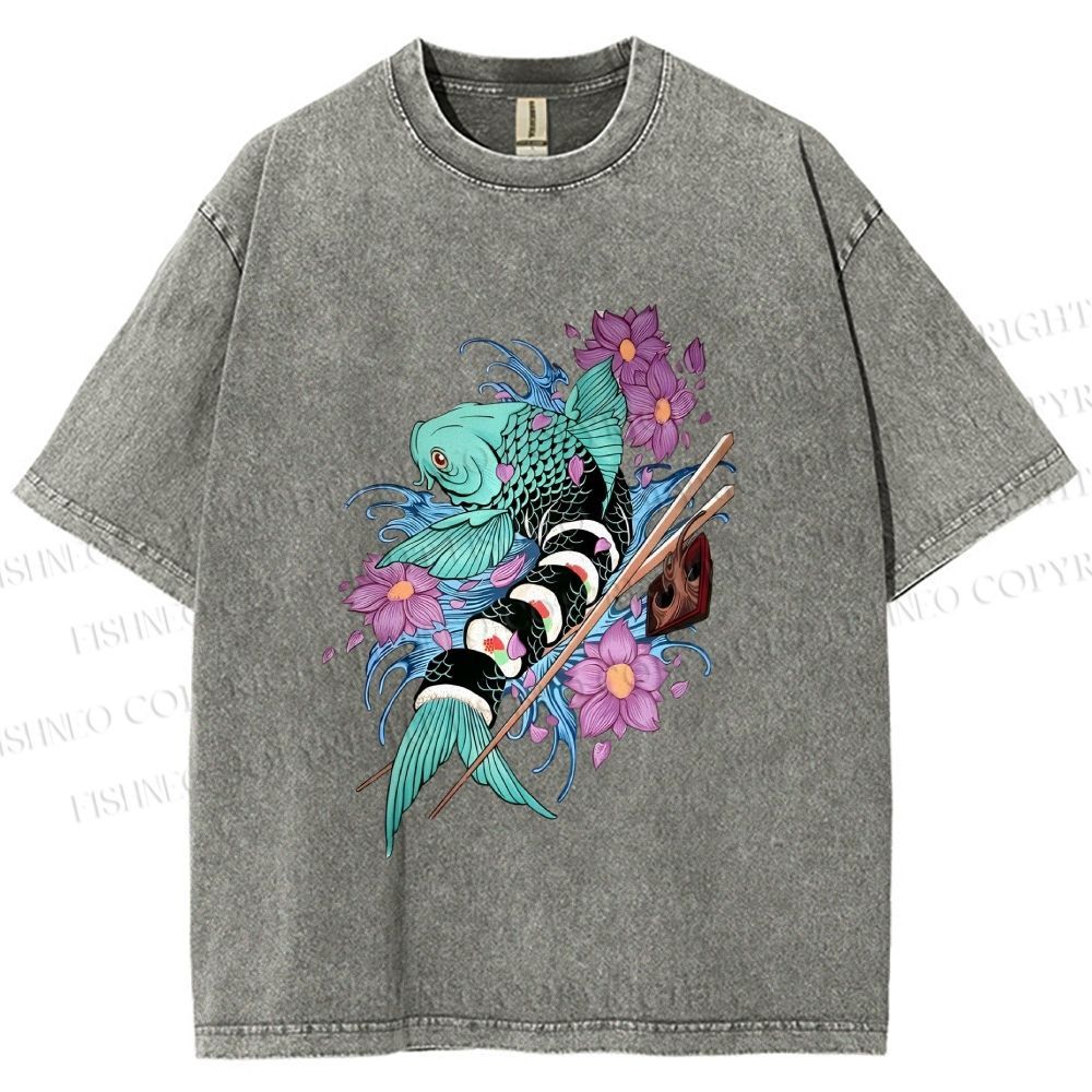 Unisex Japanese Ukiyo-e Sushi Fish Printed Washed Tee
