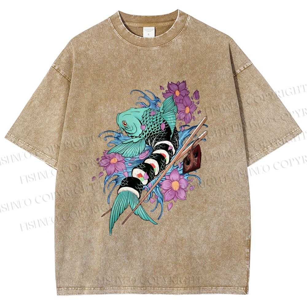 Unisex Japanese Ukiyo-e Sushi Fish Printed Washed Tee