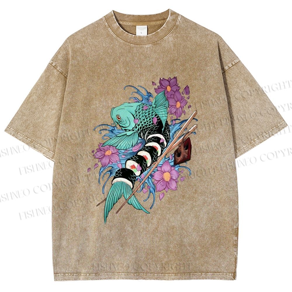 Unisex Japanese Ukiyo-e Sushi Fish Printed Washed Tee