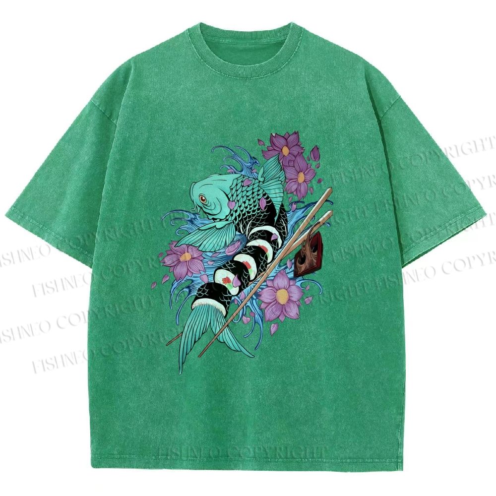 Unisex Japanese Ukiyo-e Sushi Fish Printed Washed Tee