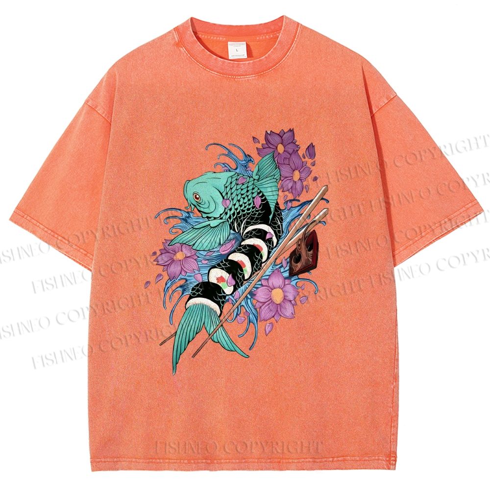 Unisex Japanese Ukiyo-e Sushi Fish Printed Washed Tee