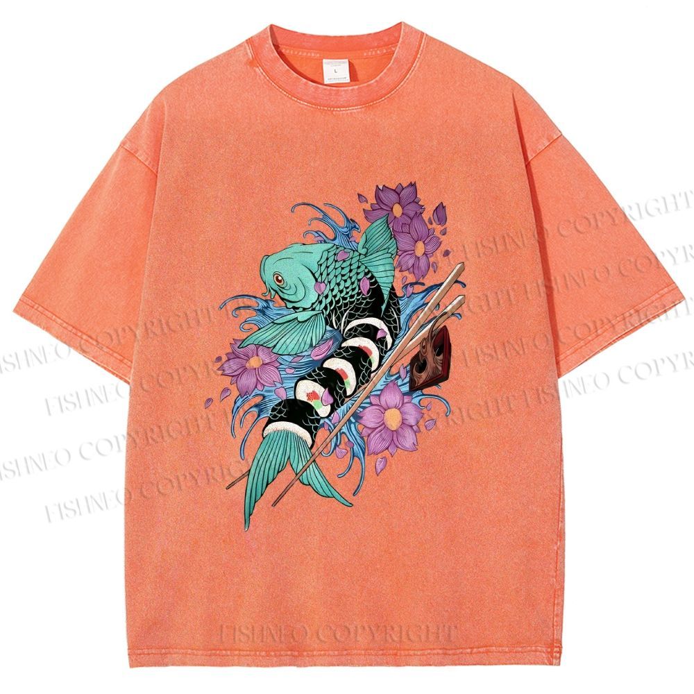 Unisex Japanese Ukiyo-e Sushi Fish Printed Washed Tee