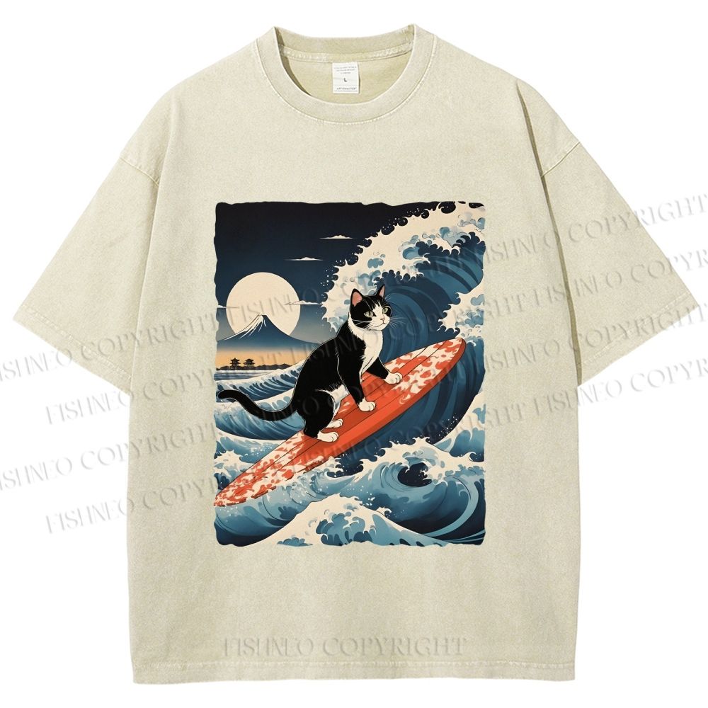 Unisex Japanese Cat Surf in Ukiyo-e Wave Printed Washed Tee