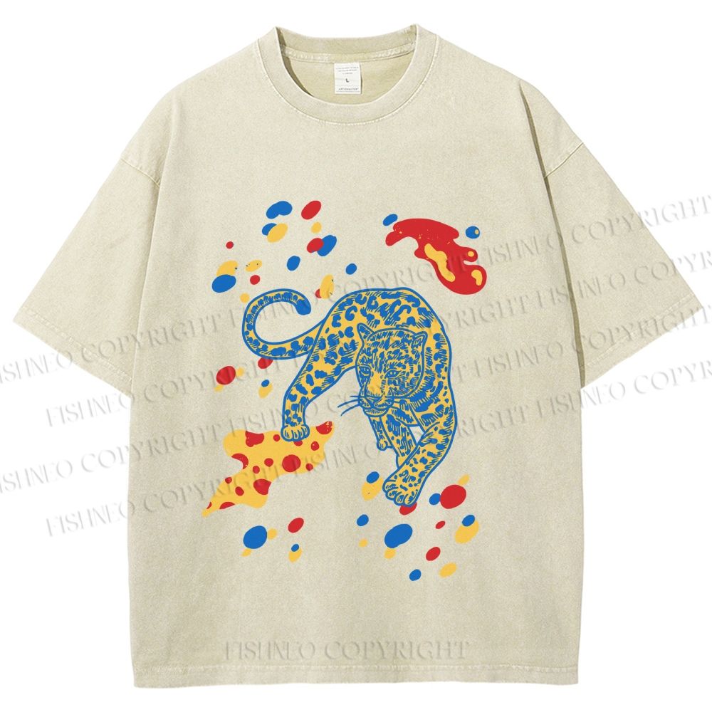 Unisex Splash Color Leopard Printed Washed Tee