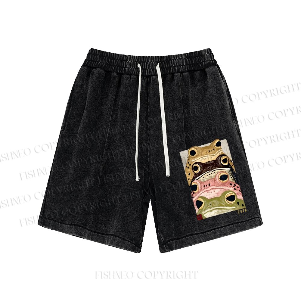 Unisex Whimsical Multi Colored Frog Art Washed Shorts