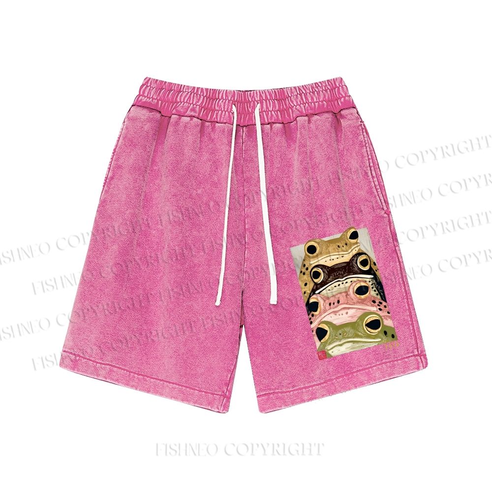 Unisex Whimsical Multi Colored Frog Art Washed Shorts