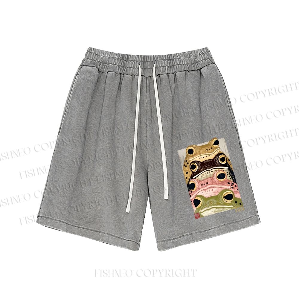 Unisex Whimsical Multi Colored Frog Art Washed Shorts