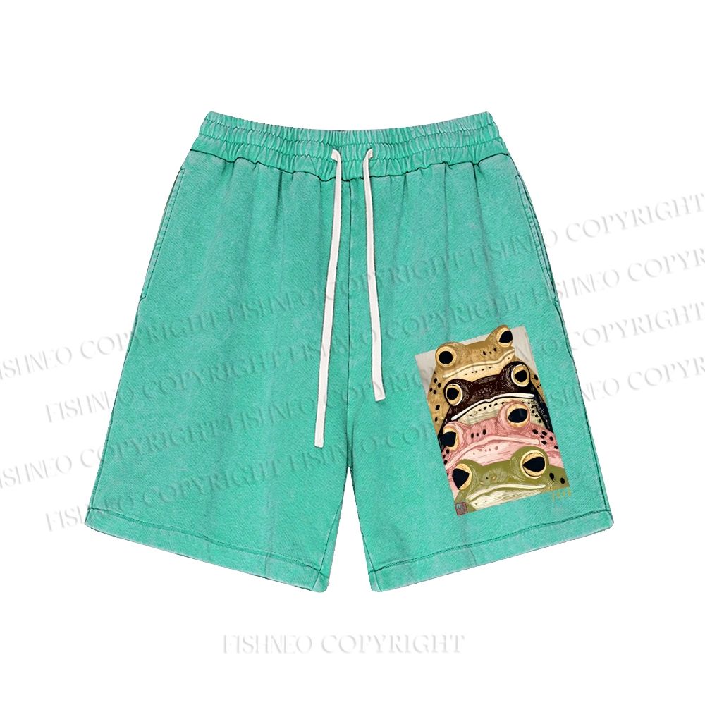 Unisex Whimsical Multi Colored Frog Art Washed Shorts