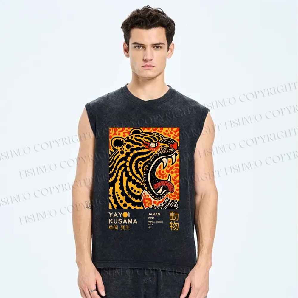 Unisex Yayoi Kusama Polka Dot Tiger Art Printed Washed Tank Top