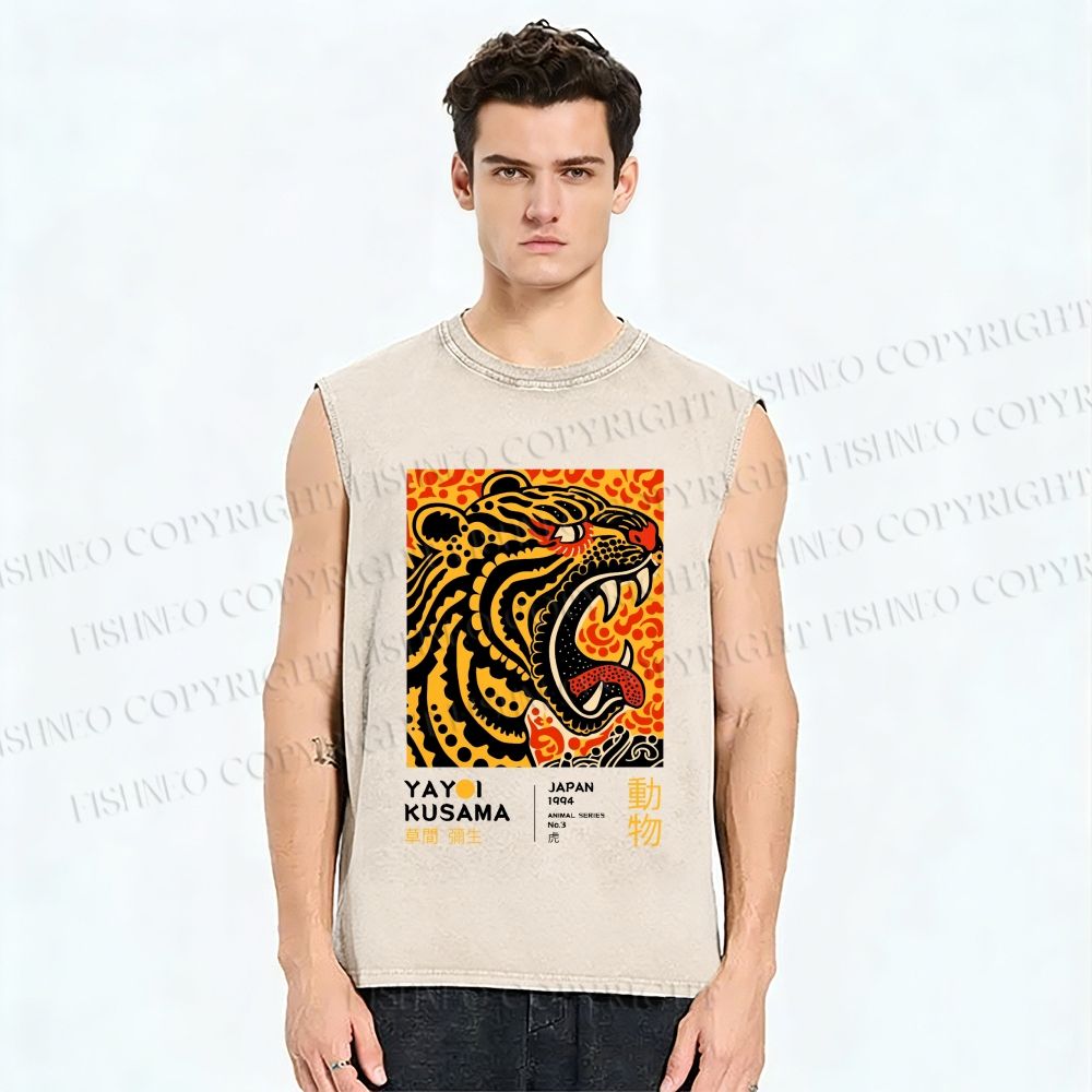 Unisex Yayoi Kusama Polka Dot Tiger Art Printed Washed Tank Top