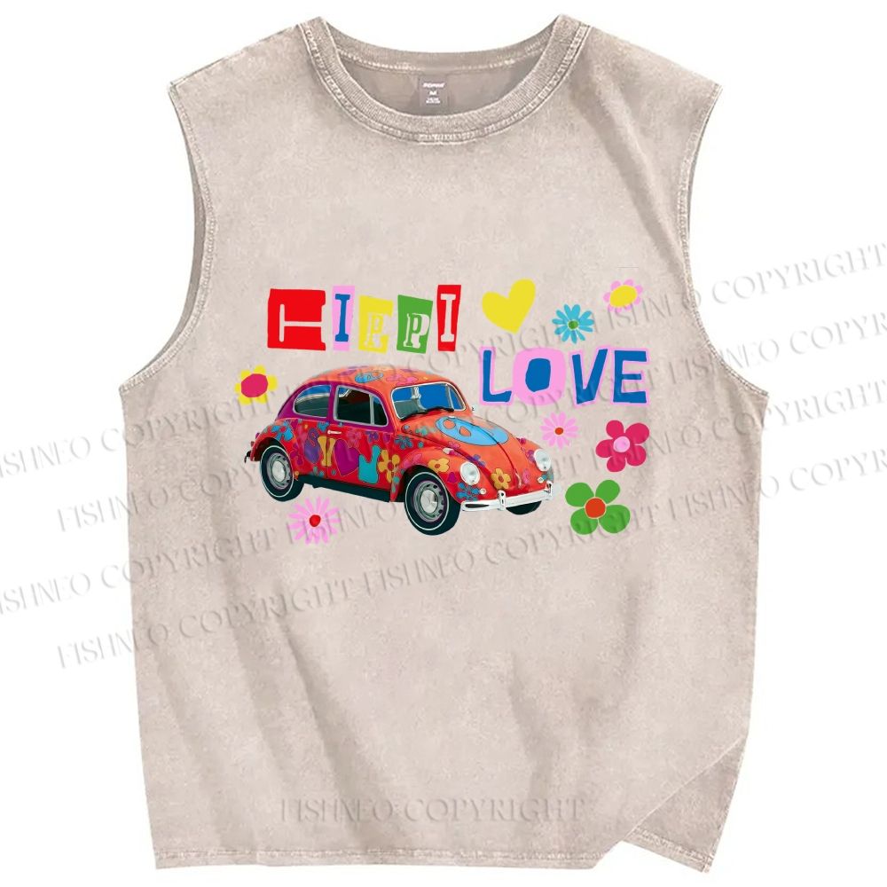 Unisex Vintage Beetle Car Printed Washed Tank Top