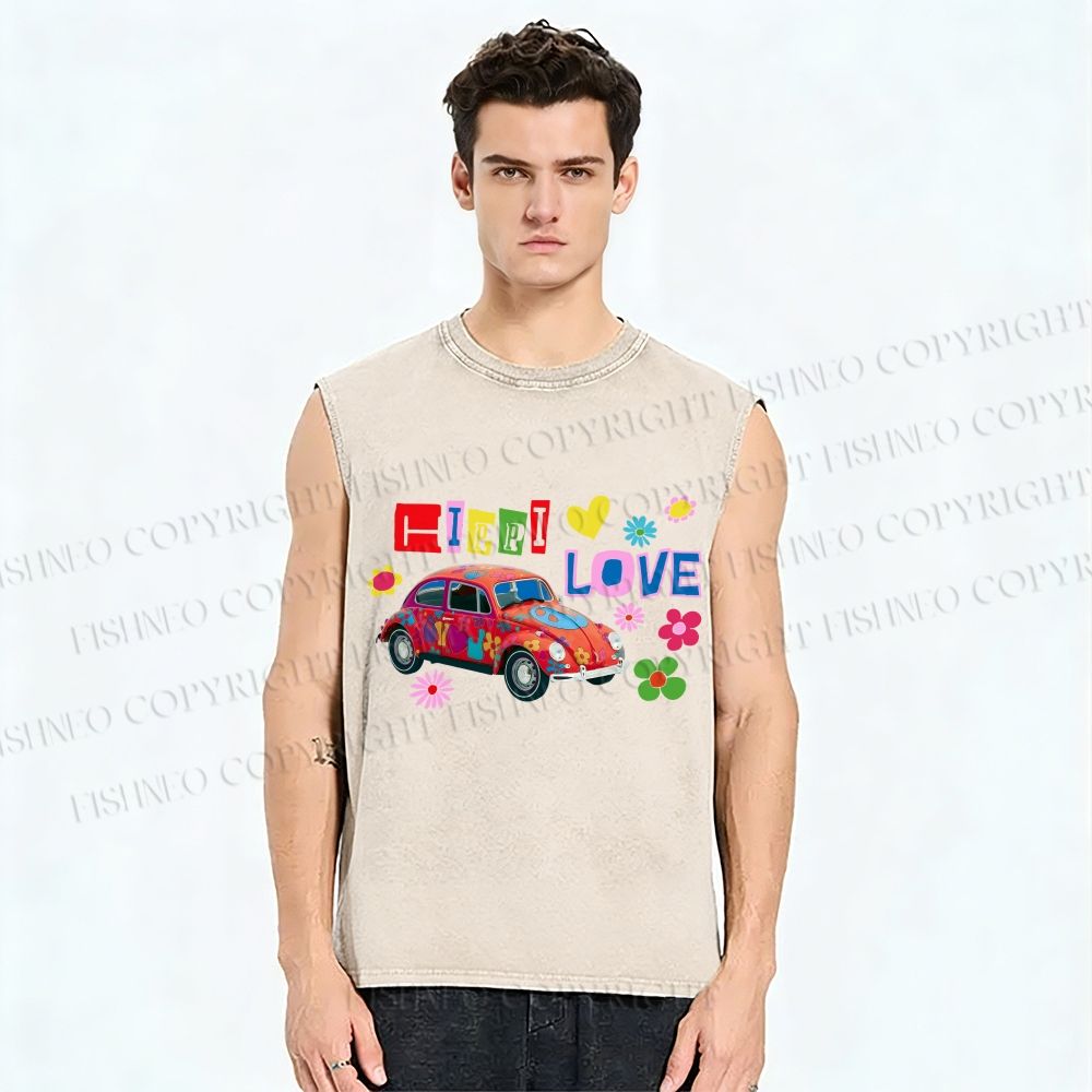 Unisex Vintage Beetle Car Printed Washed Tank Top