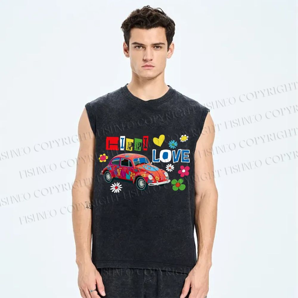 Unisex Vintage Beetle Car Printed Washed Tank Top