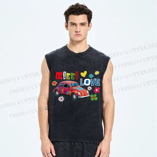 Unisex Vintage Beetle Car Printed Washed Tank Top