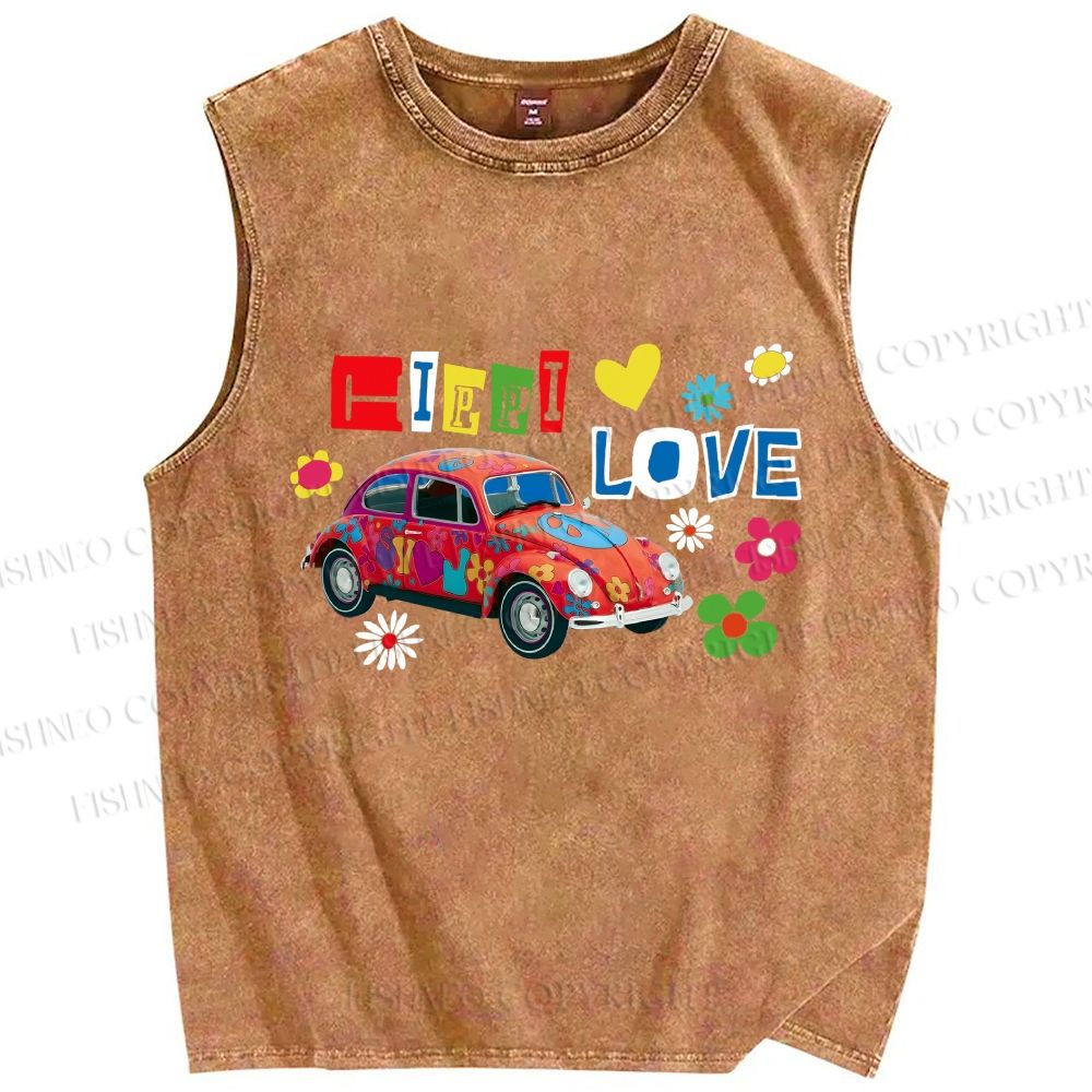 Unisex Vintage Beetle Car Printed Washed Tank Top