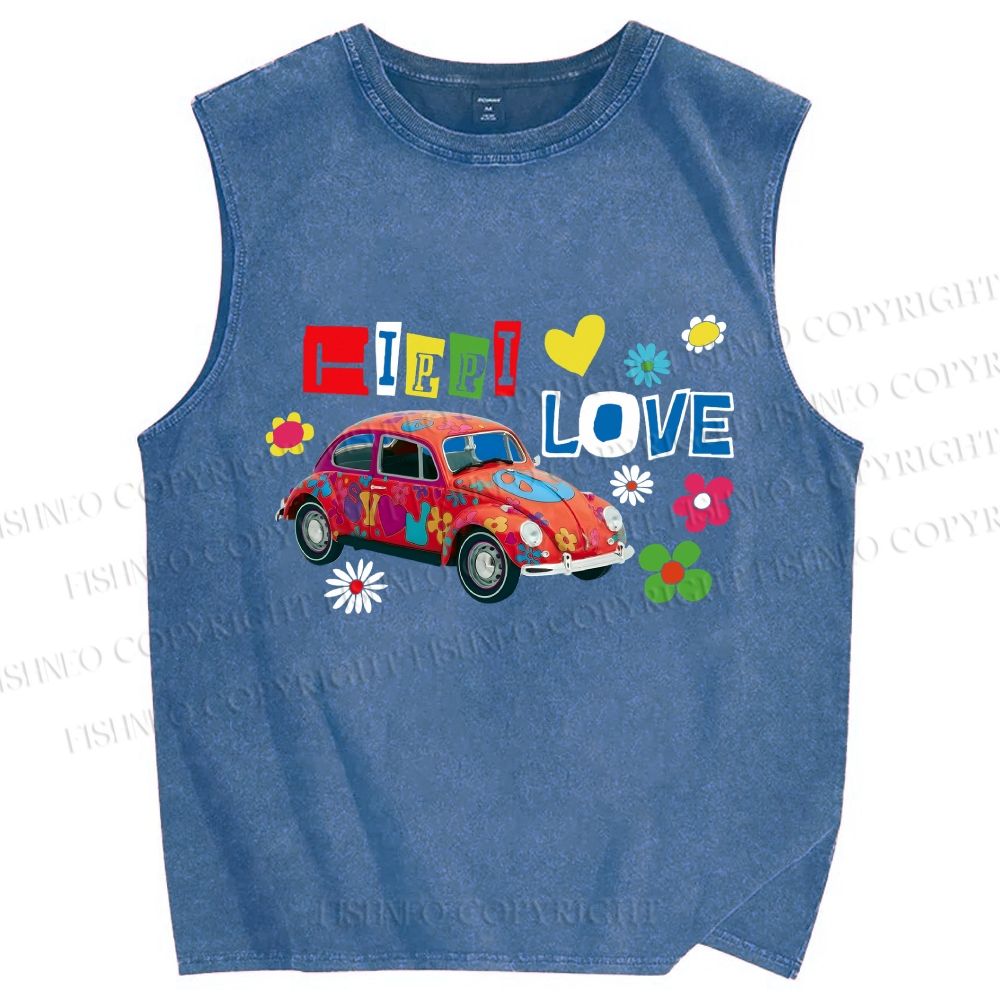 Unisex Vintage Beetle Car Printed Washed Tank Top