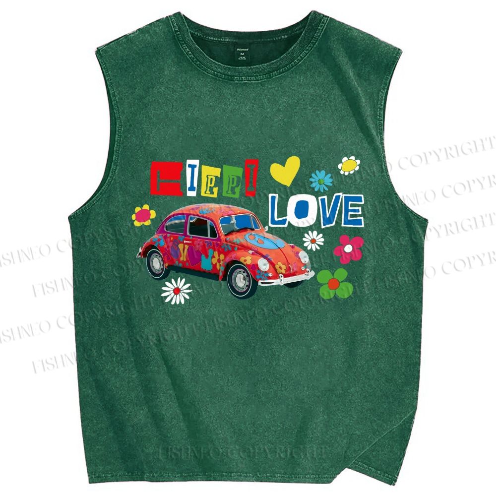 Unisex Vintage Beetle Car Printed Washed Tank Top