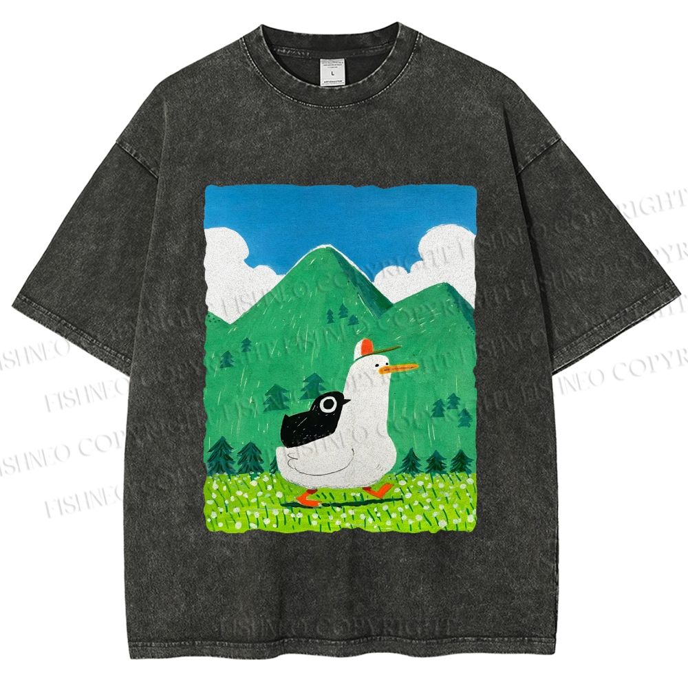 Unisex Chubby Goose With Crow Bird in Valley Printed Washed Tee