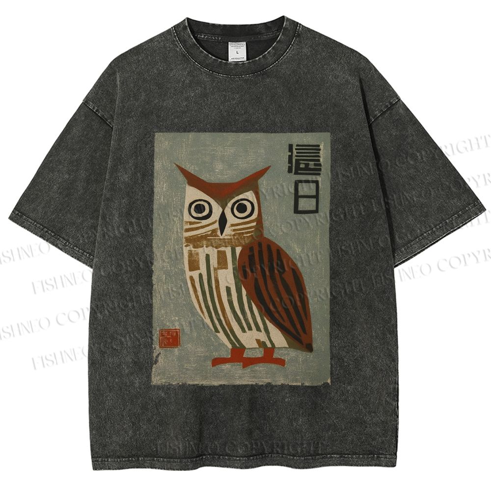 Unisex Vintage Owl Printed Washed Tee