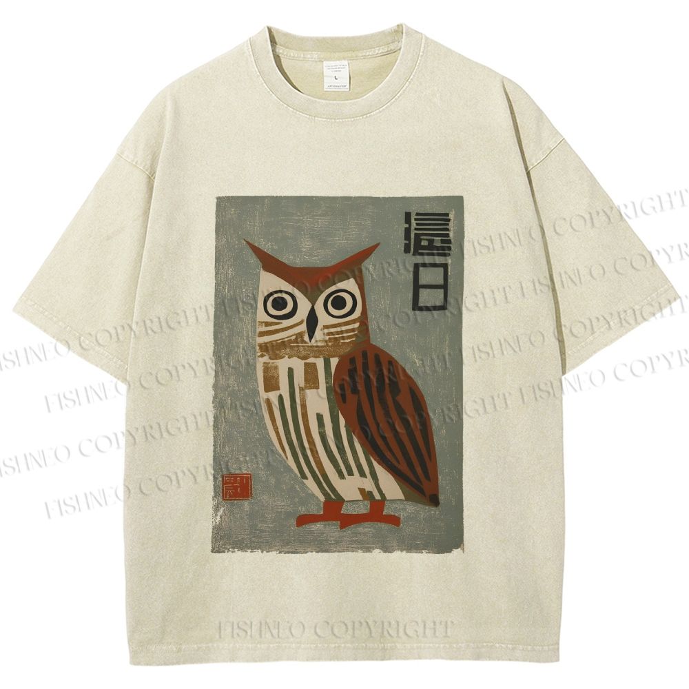 Unisex Vintage Owl Printed Washed Tee