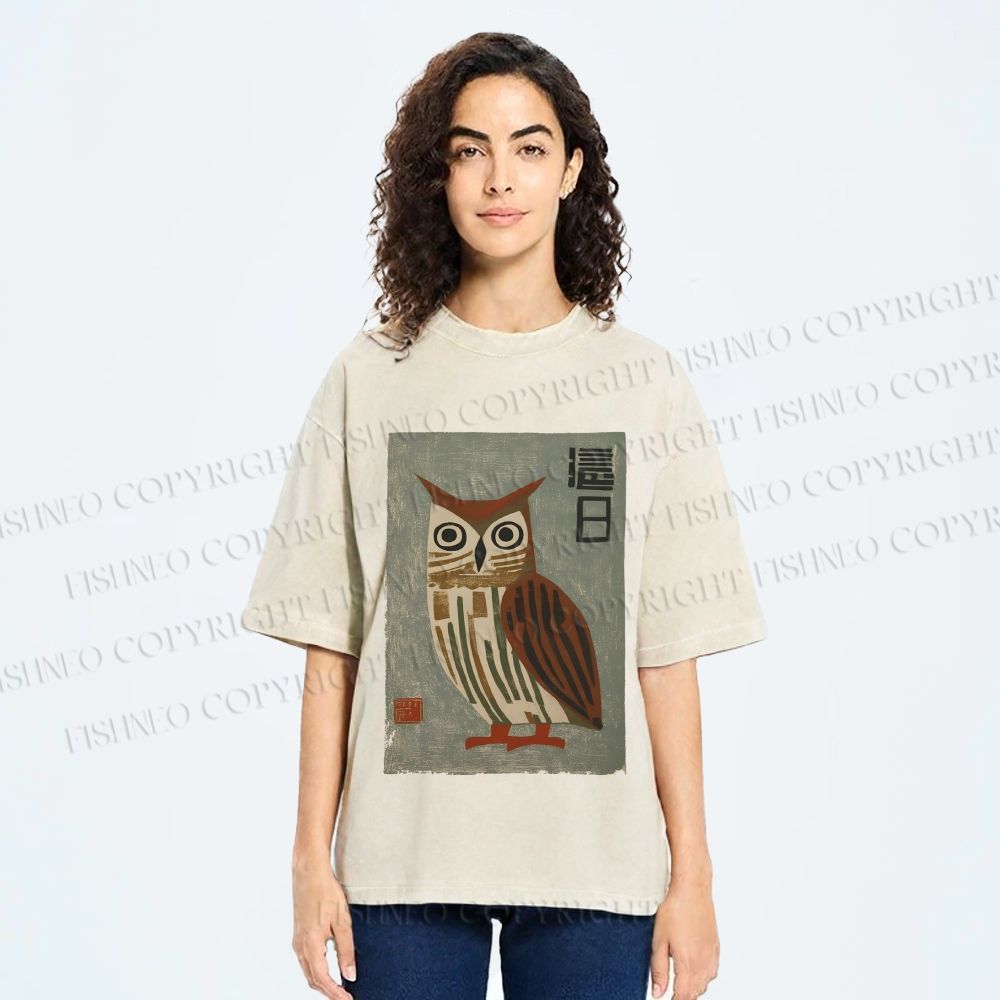 Unisex Vintage Owl Printed Washed Tee