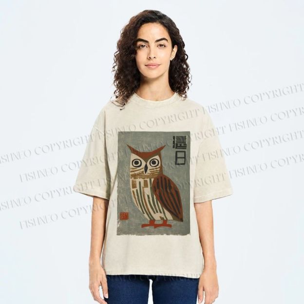 Unisex Vintage Owl Printed Washed Tee