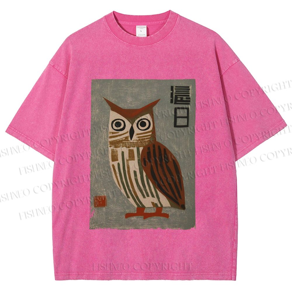 Unisex Vintage Owl Printed Washed Tee