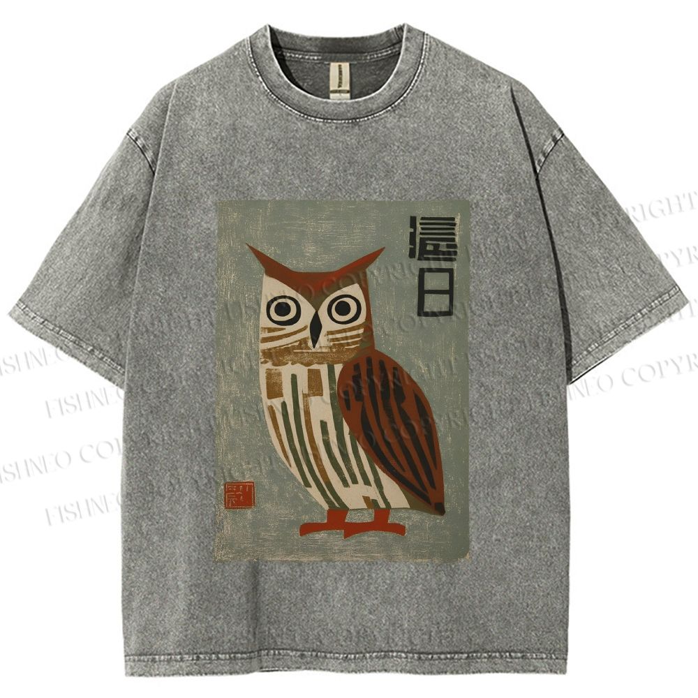 Unisex Vintage Owl Printed Washed Tee