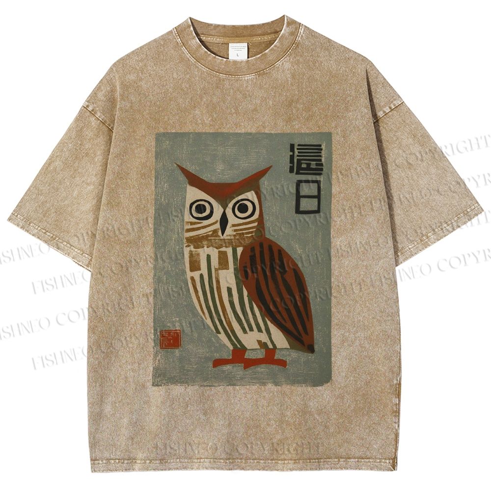 Unisex Vintage Owl Printed Washed Tee